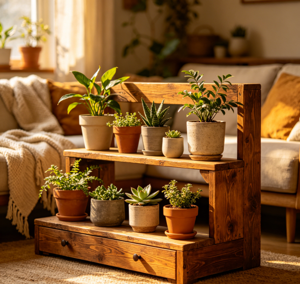 Rustic Wooden Multi Level Plant Shelf